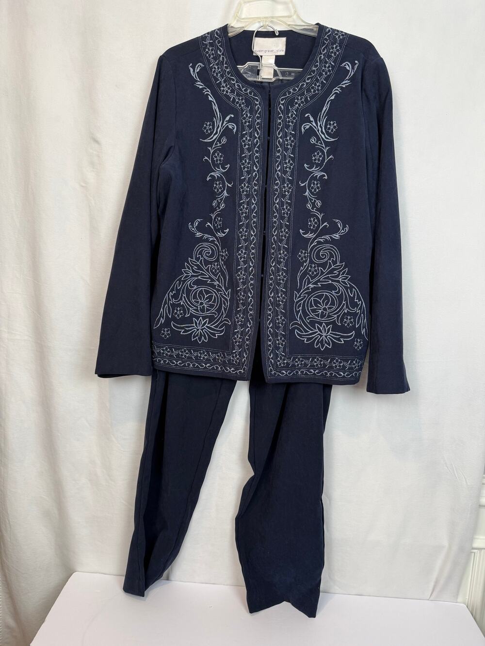 Susan Graver 2 Piece Set Navy Embroidered Jacket Pants Women Large